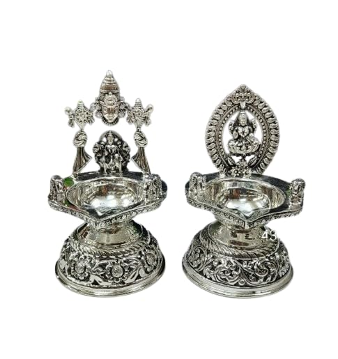 Antique Finish German Silver Laxmiji and Balaji deepam Pair with Elephants for Diwali/ Housewarming