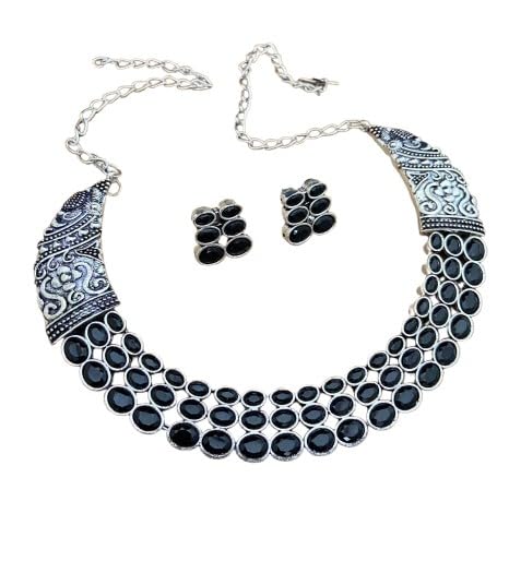 indiancraftsbykanika oxidized stone choker necklace with matching earrings for women