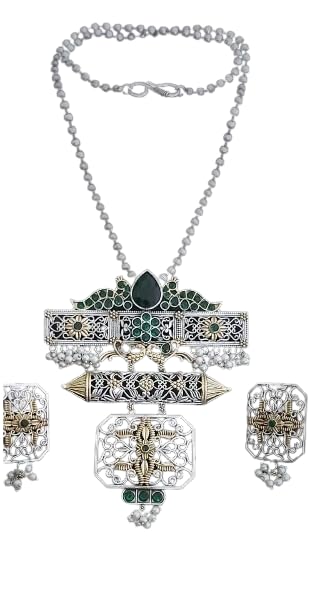 indiancraftsbykanika silver look pendant necklace with matching earrings for women goes with any attire