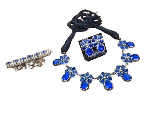 indiancraftsbykanika oxidized blue color stones flower design necklace set with matching earrings and adjustable ring, 3 pieces set