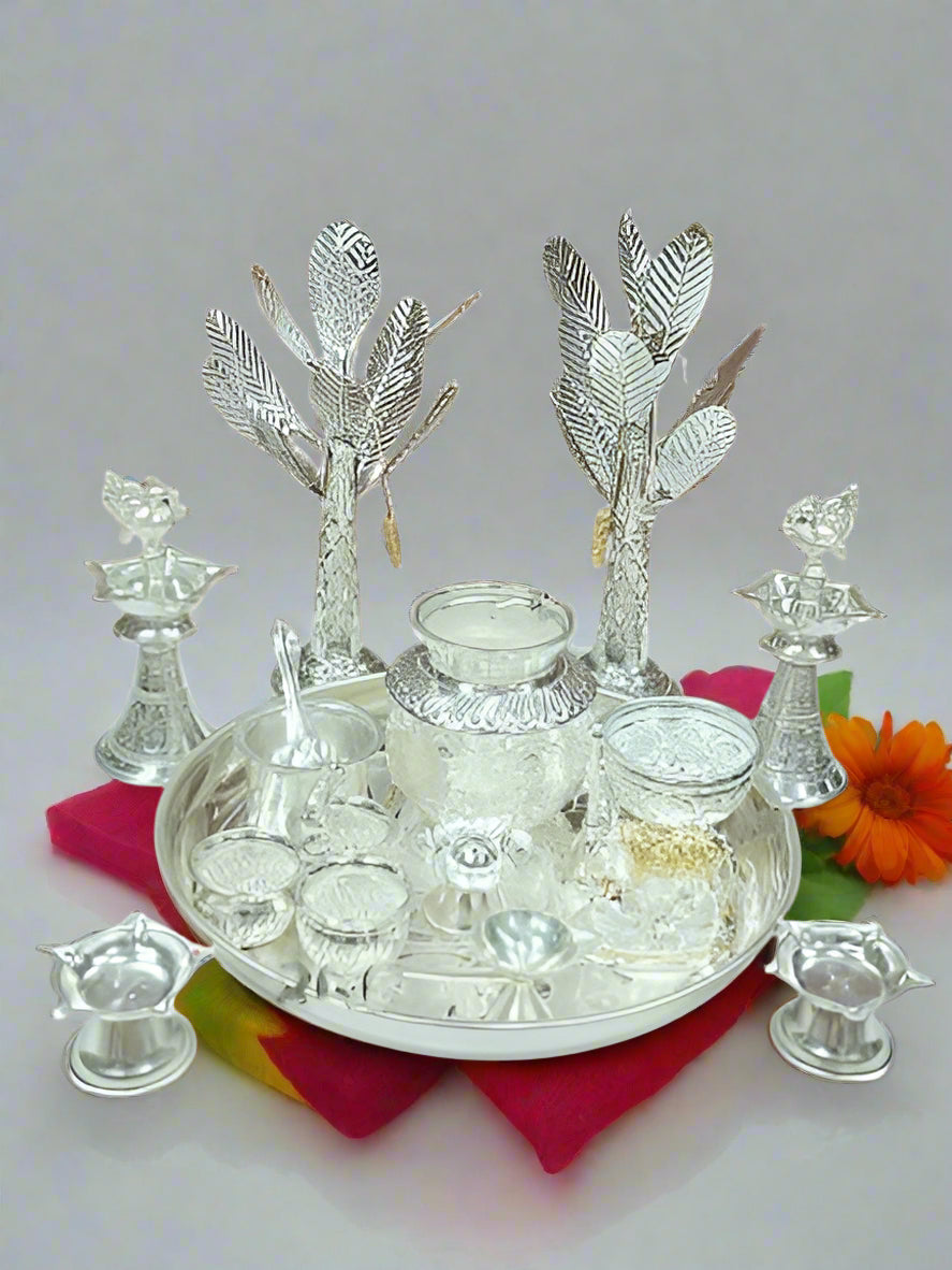 German Silver Big Pooja Combo with Banana Tree Set