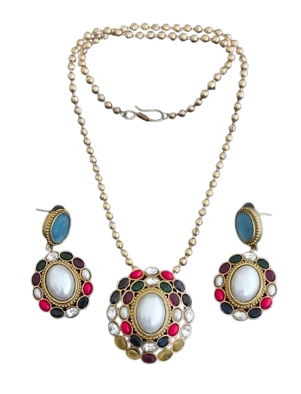 indiancraftsbykanika pearl stone design pendant necklace jewelry with matching earrings for women