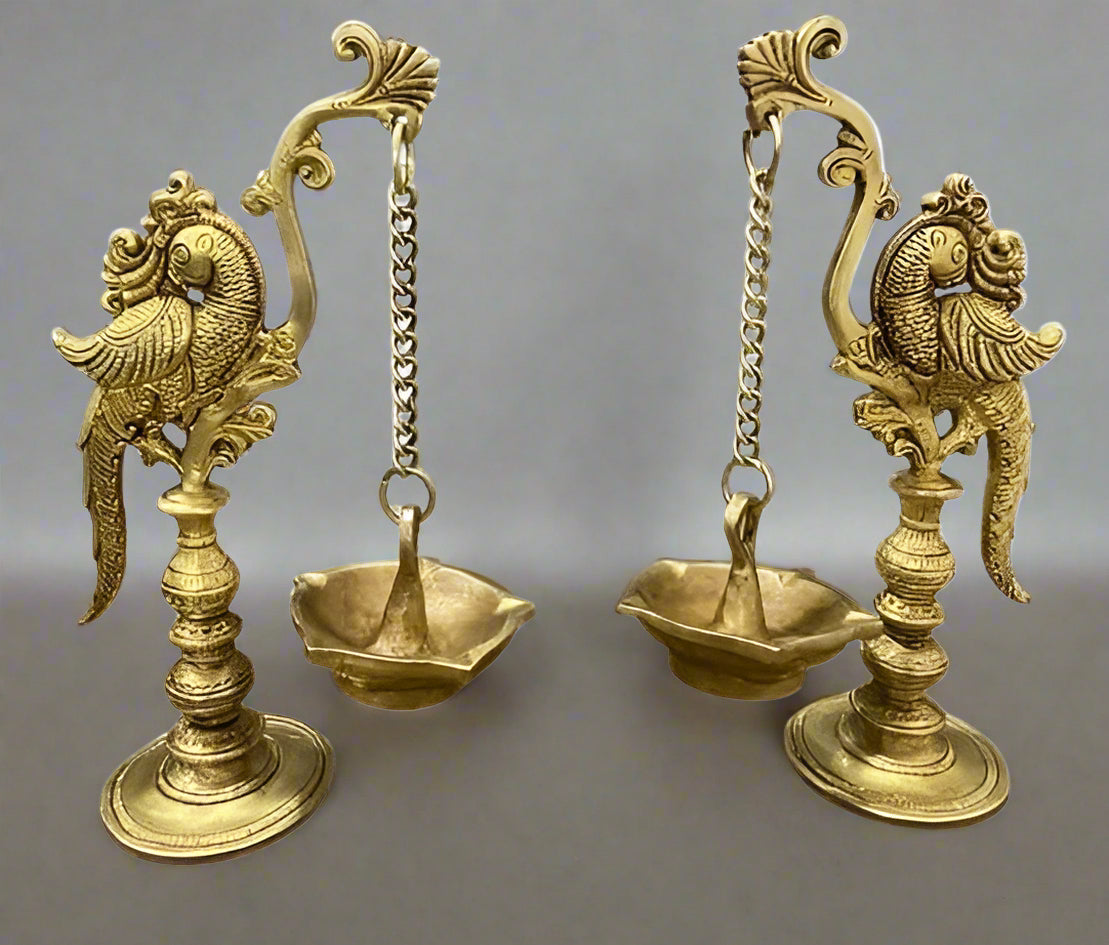 Set of 2 Brass Parrot Diya Set for Festival/ House Warming Party/ Wedding