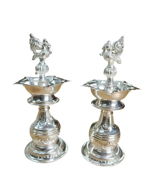 German Silver Peacock Diya Pair, 8" for Diwali, Housewarming, Gift Item