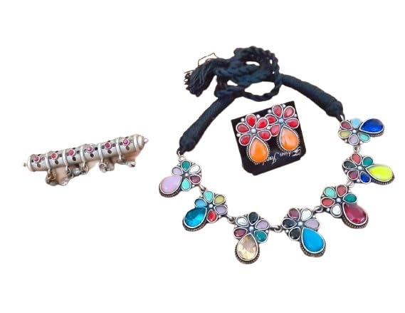 indiancraftsbykanika oxidized multicolor stones flower design necklace set with matching earrings and adjustable ring, 3 pieces set