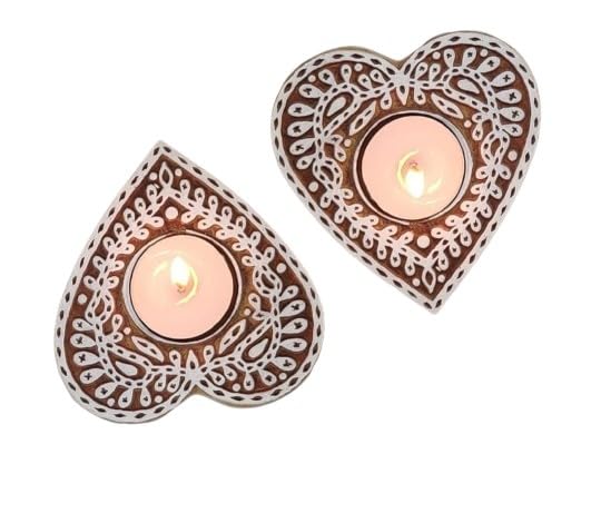 Heart Shape Wooden Tea Light Holder Set of 10 Pieces with 50 Wax Tea Lights for Home Decor