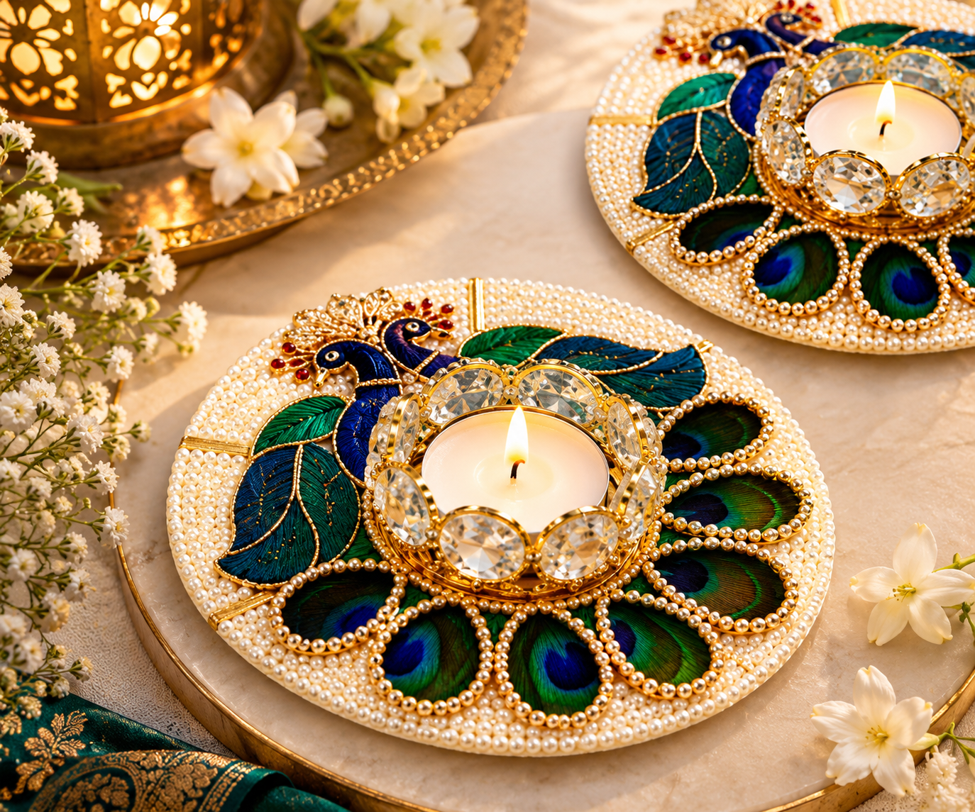 Set of 6 Crystal Peacock Feather Tea Light Holders, Diwali Home Decor