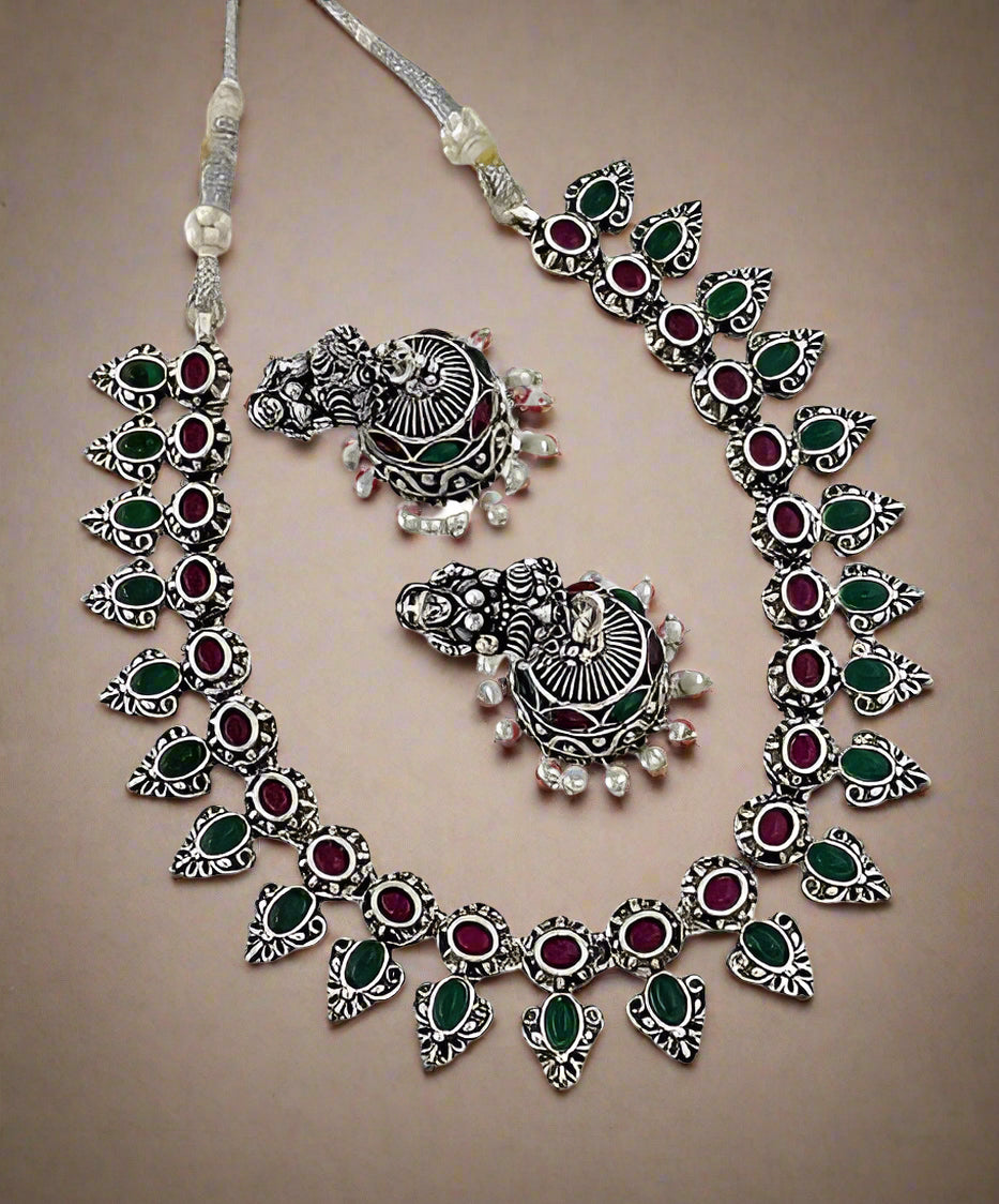 oxidized green and red necklace set with lakshmi earrings
