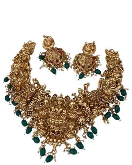 indiancraftsbykanika presents laxmi choker bridal necklace set with green stone temple jewelry and matching earrings looks good on any woman, golden