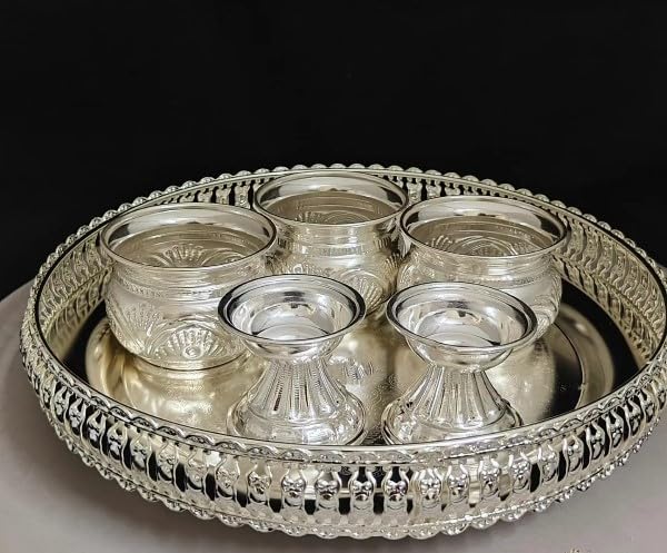 German Silver Combo Pooja thali Set/Tray with Bowl Set, 6 Pieces Set