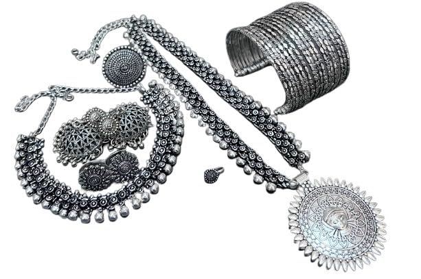 indiancraftsbykanika oxidised sun 9 pieces necklace set - 2 necklaces with matching earrings, toe ring, openable bracelet, nose pin, ring for women