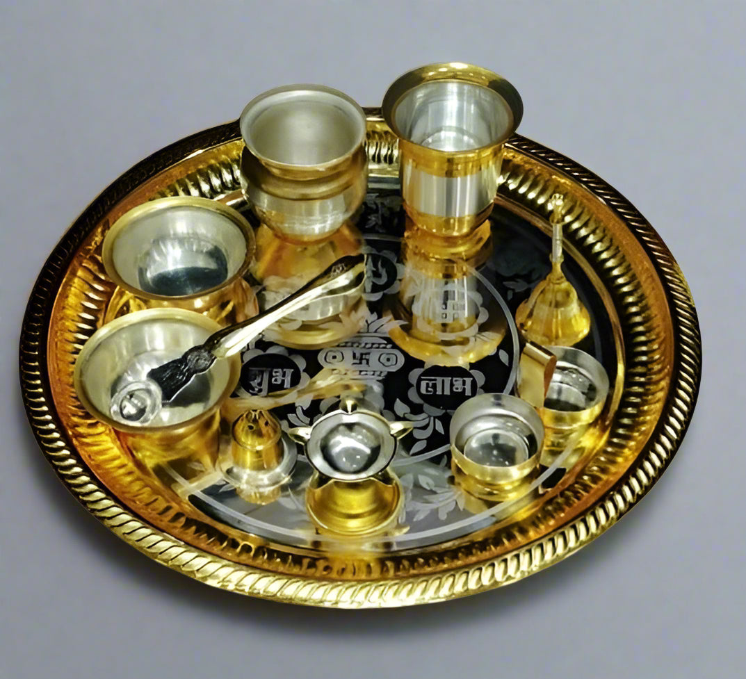 Dual Tone Silver and Golden Plated Pooja thali Set