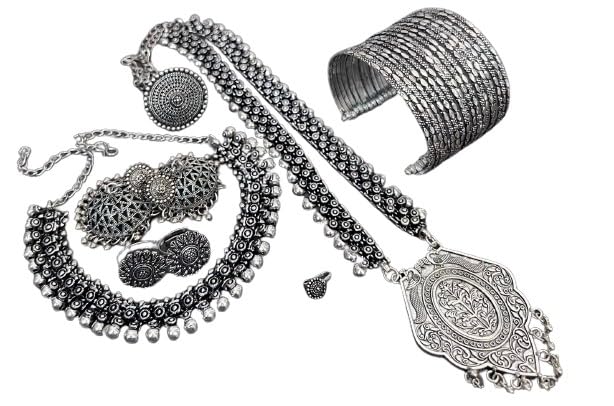 indiancraftsbykanika leaf oxidised 9 pieces necklace set - 2 necklaces with matching earrings, toe ring, openable bracelet, nose pin, ring for women