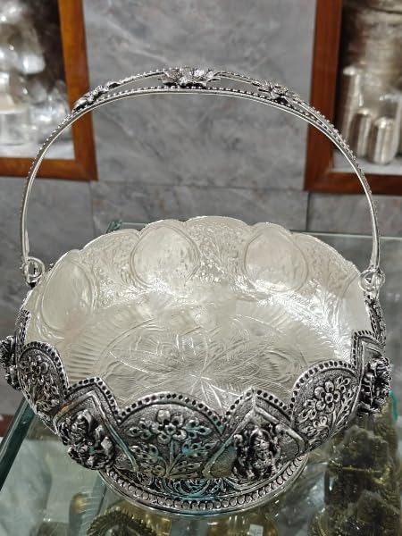 Antique finish lakshmi silver plated flower basket with stand
