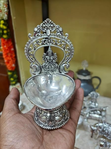 German Silver Lakshmi Diya Pair Set Fully Carved for Housewarming/Festival/Pooja