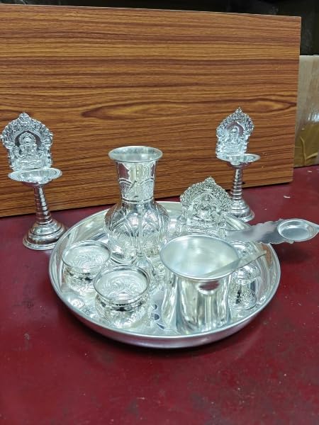 pure German silver pooja thali set of 12 pieces for housewarming/Diwali