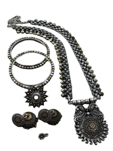 german silver oxidized/dual set combo set of 7 pieces - necklace with earring, bangle pairs, ring, nose pin