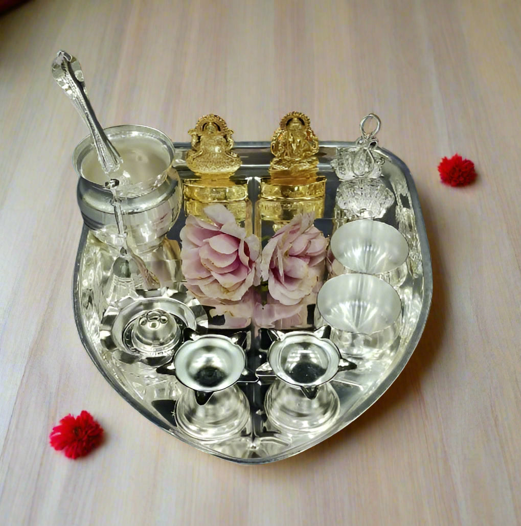 Silver leaf shape pooja thali combo set for housewarming