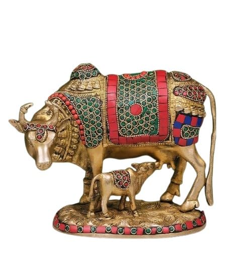 Brass with Stone Work Kamdhenu Cow with Calf Statue Idol for Home décor/Temple/Gift Item