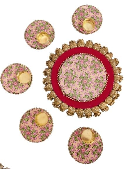 red Pichwai Mat with Tea Light Holder Set with Wax Tea Lights for Home Decoration Floor/Table Decor