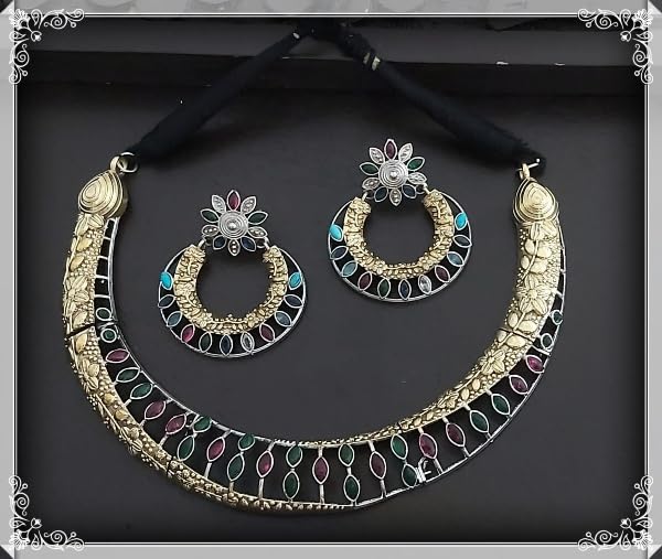 golden and silver choker german silver necklace set with matching earrings looks good on any woman, color : red and green stone