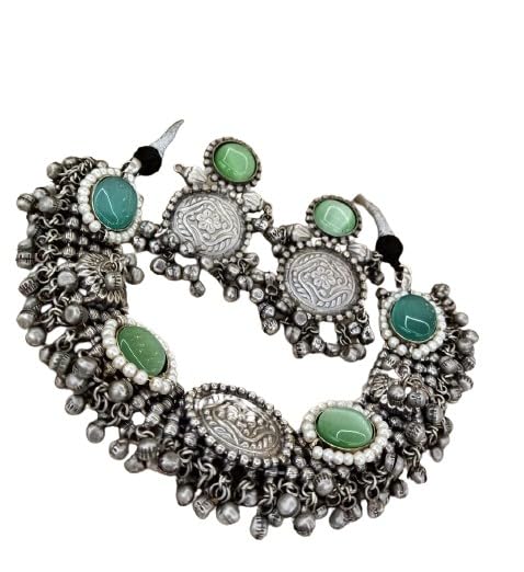 heavy oxidized with stone ghungru choker necklace set with matching earrings.