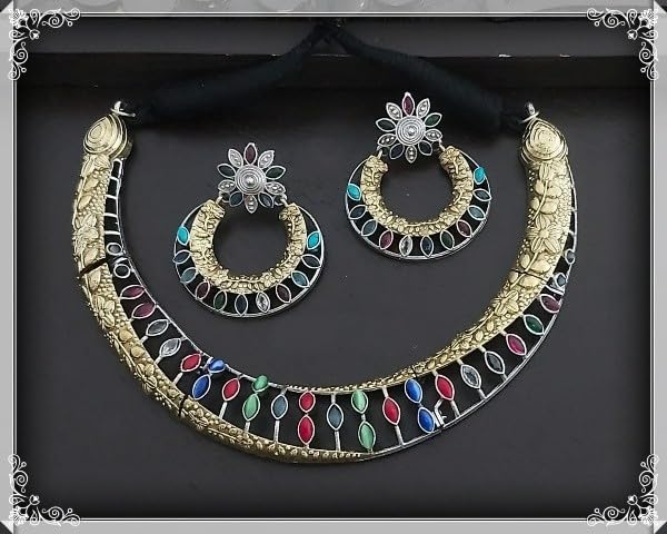 golden and silver choker German silver necklace set with matching earrings