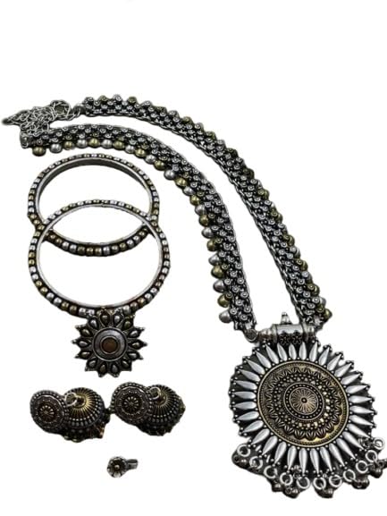 german silver oxidized/dual set combo set of 7 pieces - necklace with earring, bangle pairs (2.6), ring, nose pin looks good on any women