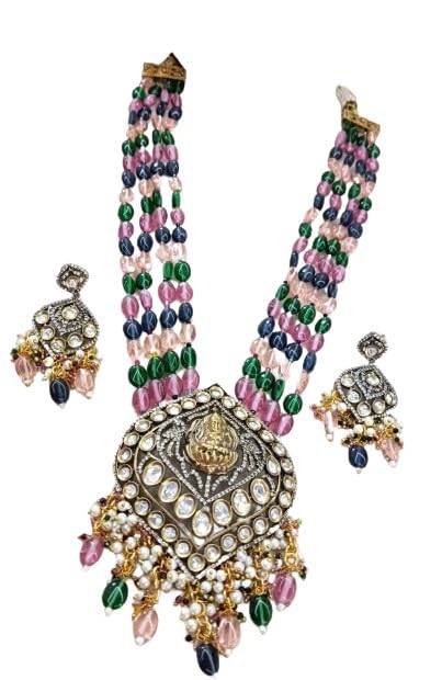 indiancraftsbykanika presents 4 layered multicolor stones mala lashmi pendant necklace set with matching earrings