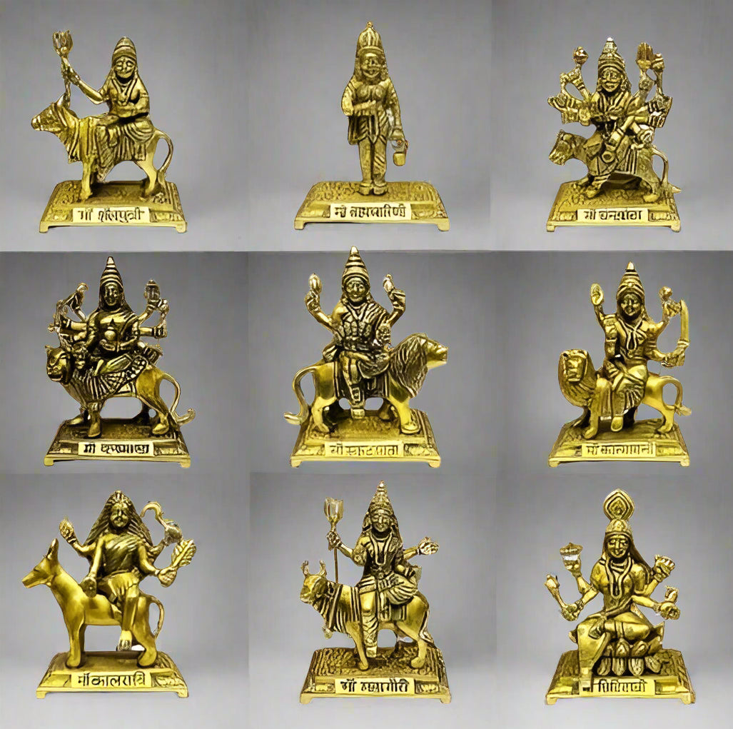Brass 9 Durga Statue Idol Set for Home Temple/Home Decor/Gift Item. Size : 5.5"", Gold,