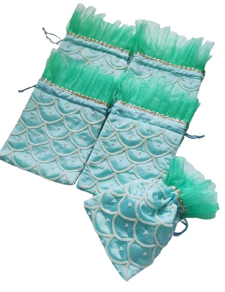 Handmade pearl give away potli with pearl design set of 10 pieces for diwali/return gifts/housewarming, color : green