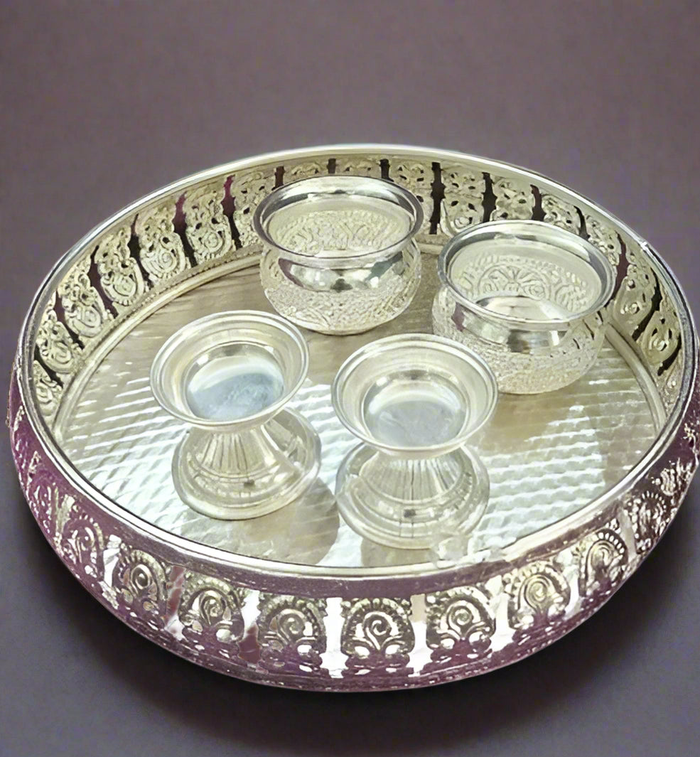 German silver pooja thali set of 5 pieces for housewarming/Diwali festival