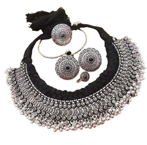 indiancraftsbykanika presents choker necklace set with matching earrings, openable bracelet, ring, nose pin, color : black