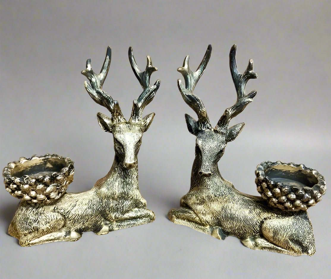 Resin Golden Color Decorative Stag Deer Tea Light Holder , Set of 2 Home décor Shoe Piece with 4 Wax Tea Lights