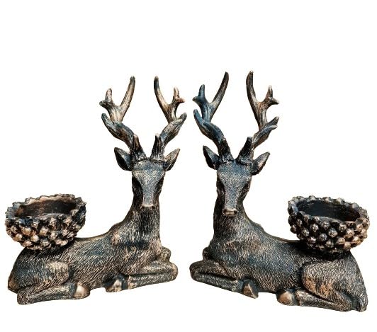 indiancraftsbykanika Presents Resin Brown Color Decorative Stag Deer Tea Light Holder, Set of 2 Home décor Show Piece with 4 Wax Tea Lights, Golden, 040124q