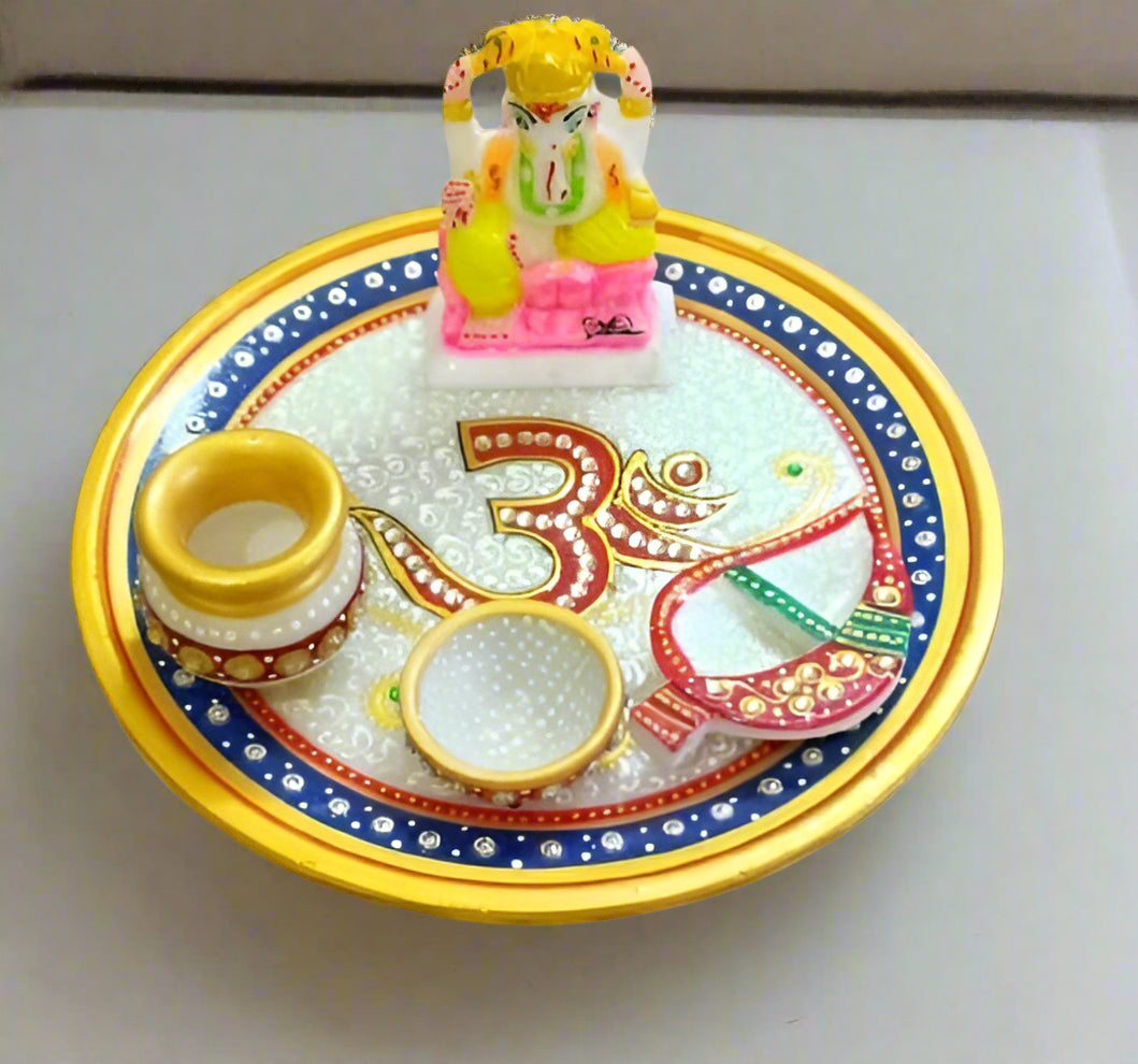 om Marble Ganesh Pooja thali Set of 5 Pieces for Diwali Festival, House Warming Party