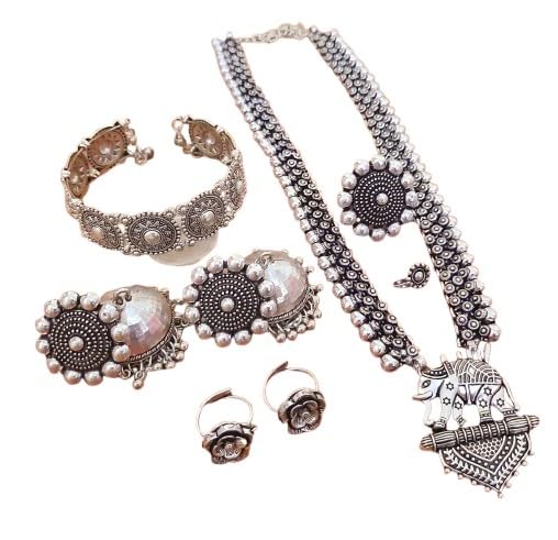 indiancraftsbykanika oxidized elephant combo necklace set with matching earrings, toe ring, bracelet, ring, nose pin for women