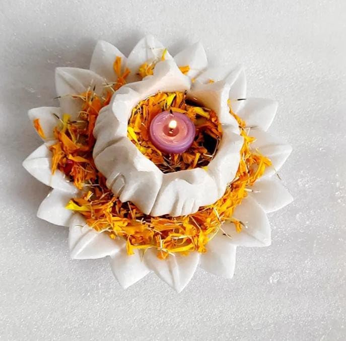 White Marble Set of 2 urlis - 1 Lotus urli, 1 Candle Lotus urli Combo Set of 2 Pieces