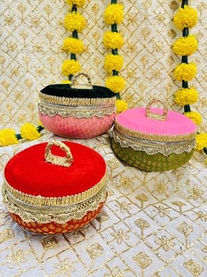 give away gift boxes, set of 6 boxes decorated with silk cloth, beautiful laces stainless steel box, capacity 500 gm