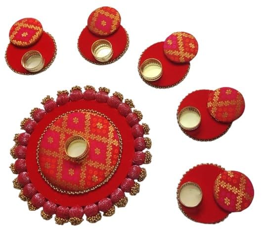 Benarasi Rangoli Tlight Set with Wooden Base red Color 6 Pieces Set with 18 Wax Tea Lights