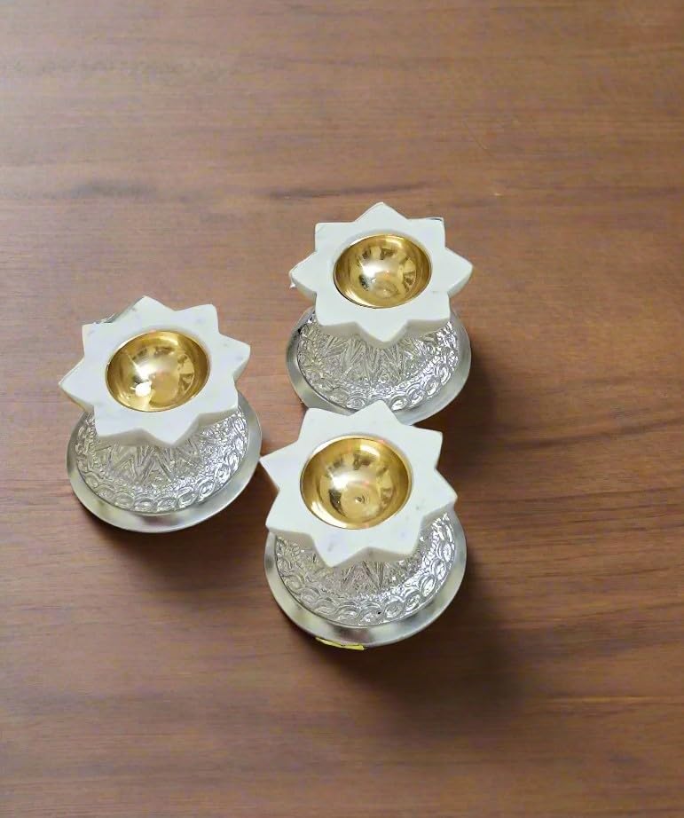 indiancraftbykanika Set of 3 White Marble Star Shape Tea Light Holder with 6 Wax Tea Lights for Home décor