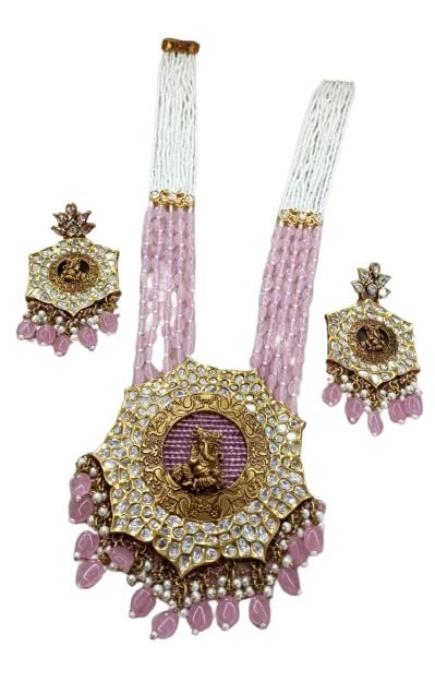 indiancraftsbykanika presents 4 layer mala with pink stone pearl drop ganesh long pendant necklace set with matching earrings