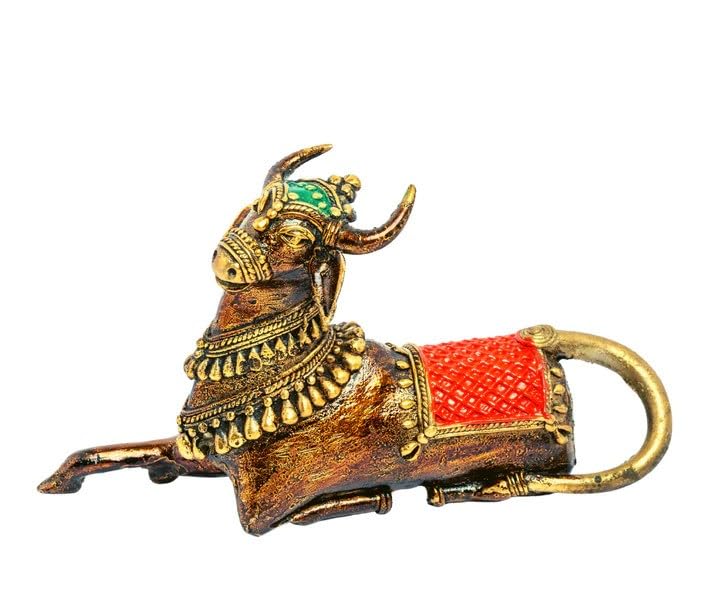 indiancraftsbykanika baster Statue Brass Nandi Colorful Sitting Statue showpiece/Home Decor, Golden, 110124g