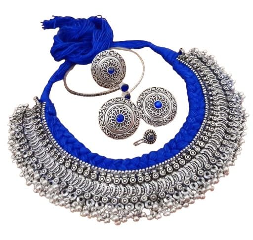 indiancraftsbykanika presents choker necklace set with matching earrings, openable bracelet, ring, nose pin, color : blue