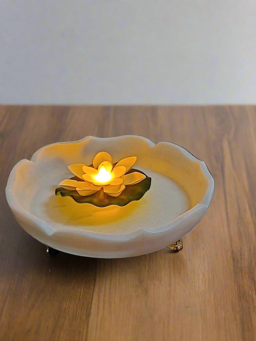 white marble fruit bowl/snacks platter/home décor urli bowl with golden metal stand, 8"