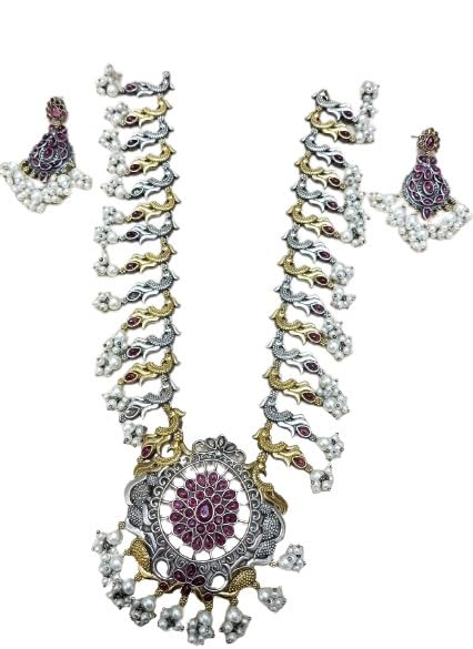 german silver long necklace set with matching earrings and pearl drops gift on the occasion of wedding, festival