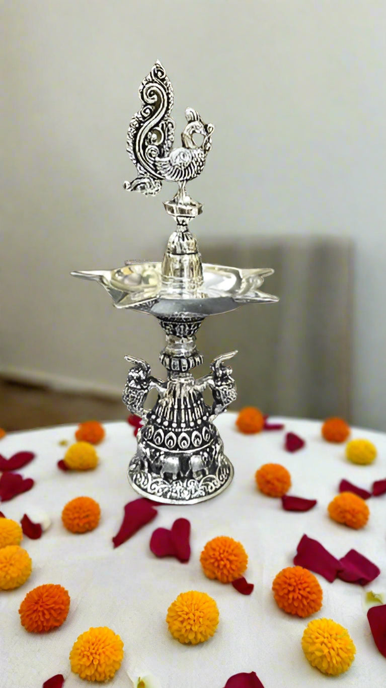silver plated Peacock with Elephants Diya Set of 2 Pieces