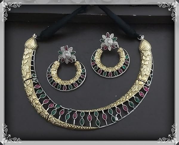 golden ans silver choker german silver necklace set with matching earrings looks good on any woman, color : red and green stone