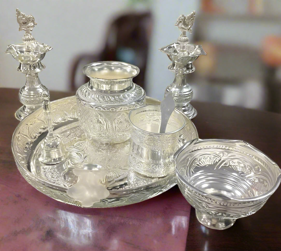 Pure German silver washable special design with kalasha + prasadam bowl for Diwali pooja