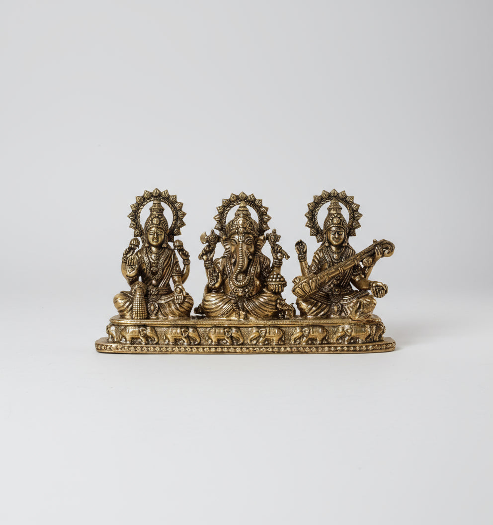 Goddess Lakshmi, Saraswati and Lord Ganesha Small Brass Idol